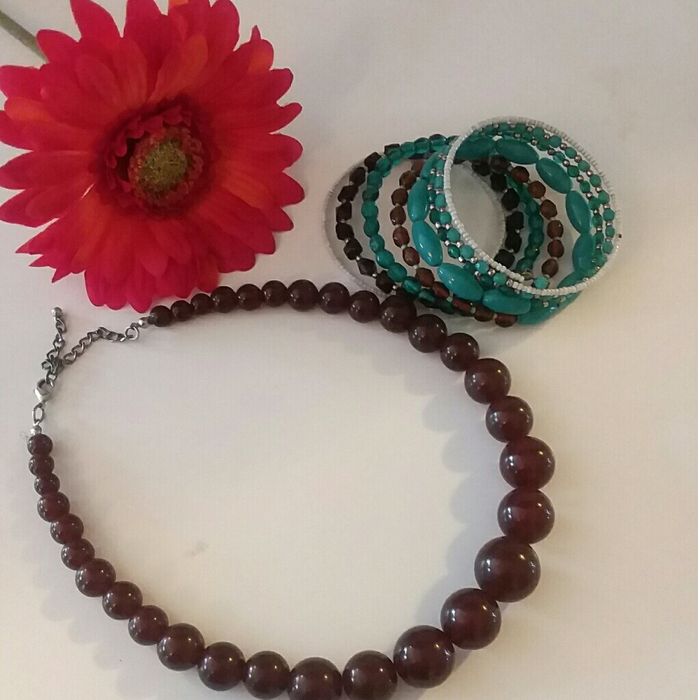 Brown Bead Necklace Brown & Turquoise Bracelet